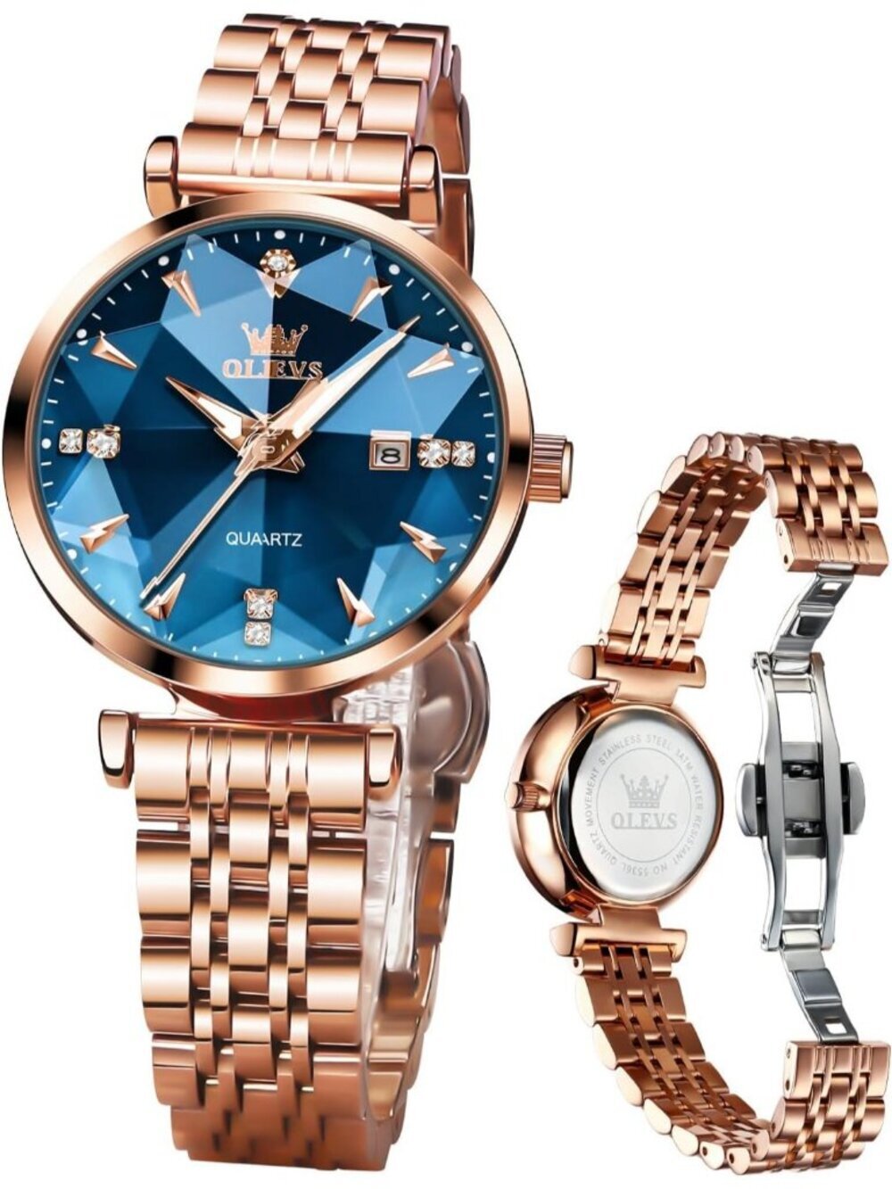 Women's Blue Diamond Rose Gold Stainless Steel Waterproof Quartz Luxury Watch